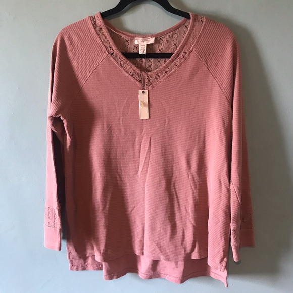 Cupio Tops - Cupio Lace-Trim V-Neck Long Sleeve Top - Rose